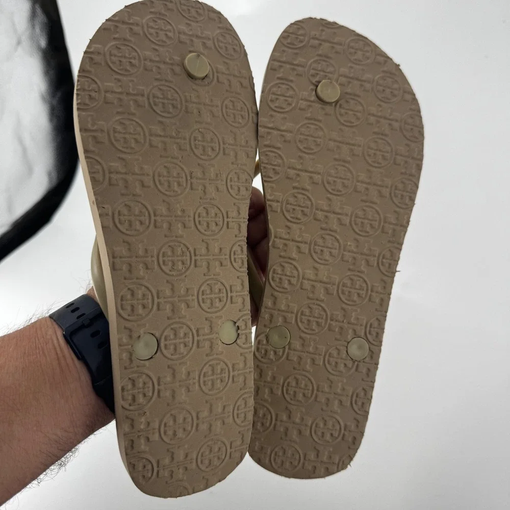 Tory Burch Women Brown Olive Rubber Flip Flop Sandals Gold Logo Medallion Flat